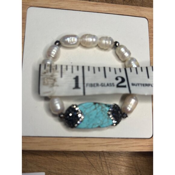Turquoise & Pearl Stretch Bracelet With Swarovski Crystal Pave Accents - Picture 9 of 12